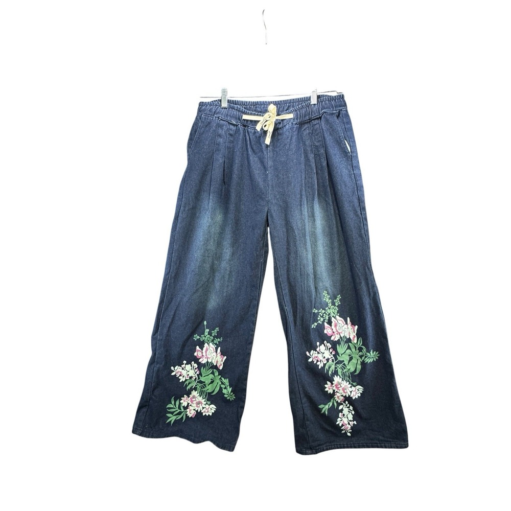 Women's XL Floral Wide Leg Denim Pants Pleated Drawstring Boho Y2K Jeans